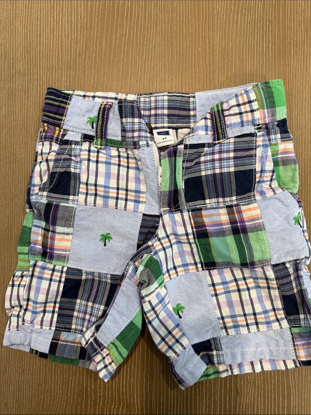 Janie and Jack Patchwork Plaid Palm Embroidered Shorts - Green, Navy, Light Blue